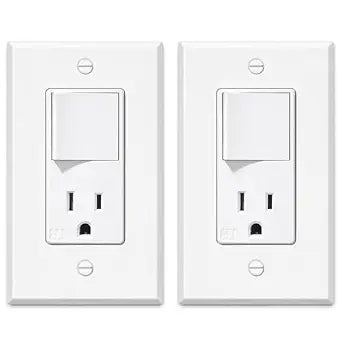 Combination Rocker Light Switch and 15 Amp Tamper Resistant Outlet with Wallplate, Single Pole Decorator Switch and Receptacle Combo Wiring Device, Standard Size, UL Listed, White (2 Pack)