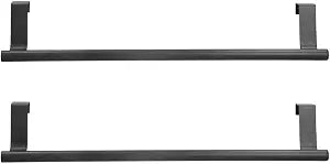2 Pack Hanging Over Cabinet Door Towel Rack, No Drill Black Stainless Steel Towel Holder, Rustproof Hanging Bar for Kitchen Bathroom Drawers, Large Size