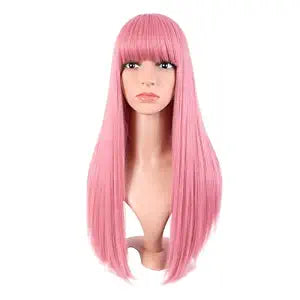 MapofBeauty 24 Inch Long Straight Flat Bangs Party Cosplay Wig, Light Pink