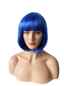 Women Short Straight Blue Bob Multifunction Wig, Flat Bangs Halloween Wig