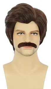 karlery Men Short Brown Wig Mustache Wig 70’s 80’s Theme Party Wig