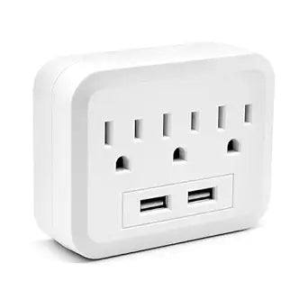 Multi Outlet Wall Adapter 5-in-1 Charger with 3 AC Outlets, 2 USB Ports (5V/2.1A), Compact Outlet Extender for Home, Dorm, Office and Travel (Single Pack)