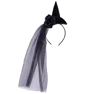 IKOLA Halloween Witch Hat Headband, Gothic Black Rose Veil Hair Accessory