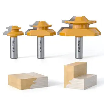 3 PCS Professional 45 Degree Lock Miter Router Bit Set - Carbide Tipped, 1/2" Shank, Cutting Height: 1/2", 3/4", 1", Woodworking Tools for Cabinets, Drawers, Doors & Furniture