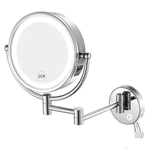 GURUN Wall Mounted Hardwired Makeup Mirror with 3 Tones Dimmable LED Lights 10x Magnifying Mirror with Touch Control for Bathroom Bedroom 13" Extendable Arm Direct Wire (10x, Chrome)