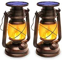 Outdoor Waterproof Solar Lanterns, 2 Pack Vintage Flickering Flame LED Hanging Lights with Auto On/Off, Rustic Solar-Powered Lamps for Patio, Garden, Yard, Deck, Pathway, and Porch Decor
