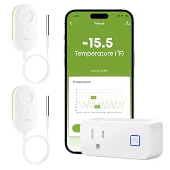 MOCREO WiFi Refrigerator Thermometer with Freezer Alarm, App Email Buzzer Alerts, Power Outage Alert, Pass-Through Outlet Hub, 2 Sensors, Ultra-Flat Probe, Remote Temperature Monitor for Home Kitchen