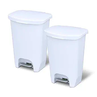Glad 13 Gallon Trash Can with Clorox Odor Protection, 2 Pack | Plastic Kitchen Waste Bin | Hands Free with Step On Foot Pedal and Garbage Bag Rings, White