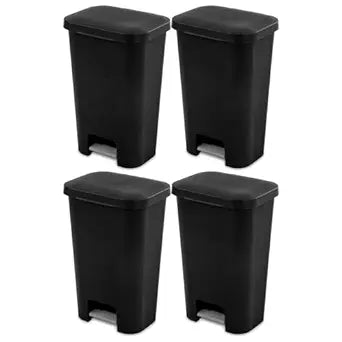 Sterilite 11.9 Gallon Rectangular Step On Kitchen Plastic Indoor Wastebasket with Wide Opening Lid and Comfort Handle for Home, Black (4 Pack)