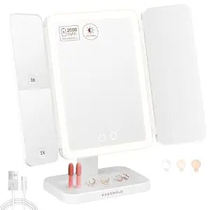 EASEHOLD 2000mAh Rechargeable Lighted Makeup Vanity Mirror, Foldable 64 LED