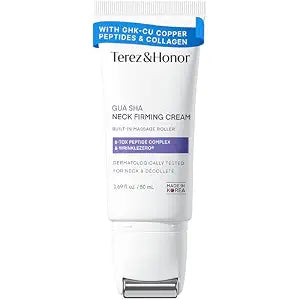 TEREZ & HONOR Gua Sha Neck Firming Cream: Korean Skin Care, Retinol, Collagen & GHK-CU Copper Peptide - Tightening & Lifting for Neck, Face & D��collet�� with Built-In Massage Roller, 1.7 FL OZ