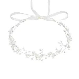 527&huan White Flowers Pearls Bridal Headband, Handmade Silver Wire Woven Wedding Hair Vine with Satin Ribbon, Lightweight Wedding Hair Accessory for Bride Flower Girl Bridesmaid Prom Pageant