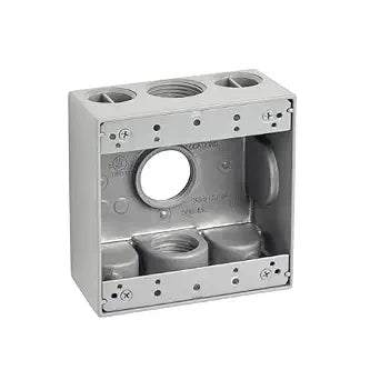 Sealproof 2-Gang Three 1" Holes Weatherproof Rectangular Exterior Electrical Outlet Box with 3 Outlet Holes, 3 One Inch Outlets, Double Gang, UL Listed, Gray