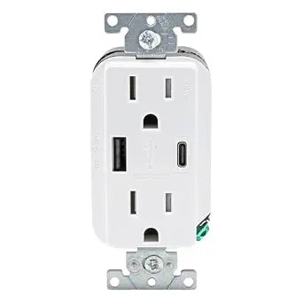 Leviton Decora 27W USB-A/C Wall Outlet, 15A TR Receptacle, AC1X3-W White