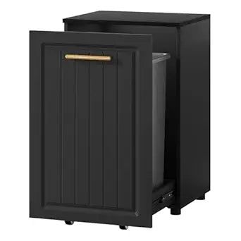 ZIFTY Pull Out Trash Can Cabinet for 10 Gallon Bin, Pet Proof Hidden Kitchen Waste Bin, Freestanding Wooden Garbage & Recycling Cabinet for Kitchen, Laundry Room, Living Room, Black