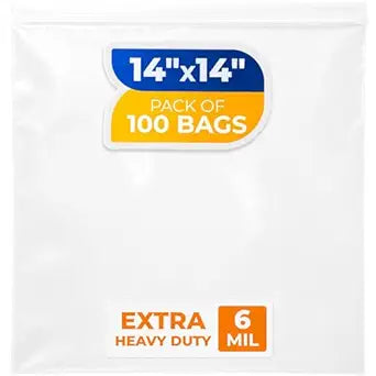 14" x 14" Reclosable Plastic Zip Bags, Pack of 100, 6 Mil Heavy-Duty Clear Poly Bags, Resealable for Food, Clothes, Hardware, Jewelry