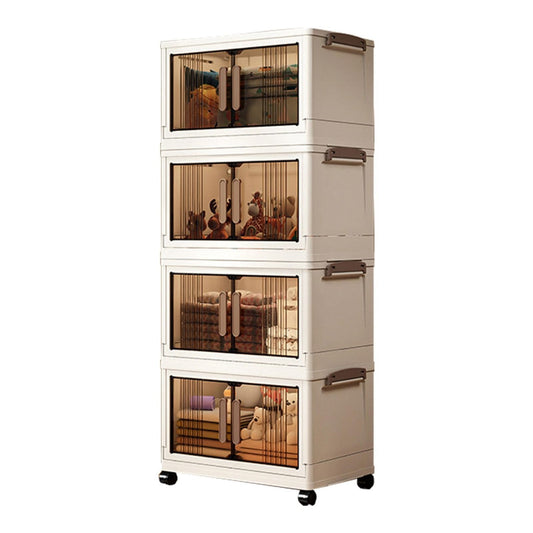 36"H Stackable Storage Cabinet with Doors & Wheels, Adjustable 4 Tier Plastic Organizer Bin for Home, Office, Garage Storage, White