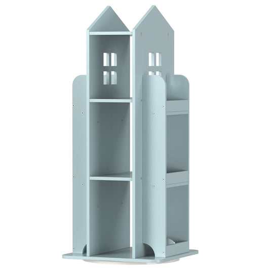 360Â° Rotating Kids Bookshelf, Blue Engineered Wood House-Shaped Bookcase, 38in Tall Storage Organizer for Bedroom, Playroom, Living Room