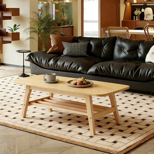 39 Inch Solid Wood Coffee Table, Double-Layer Storage Center Table, Modern Wooden Accent Table for Living Room Apartment Office