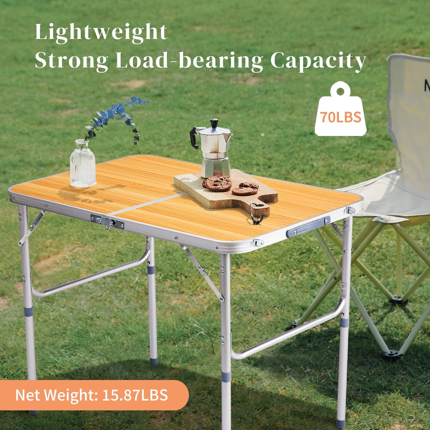 3ft Aluminum Alloy Folding Table wood grain color