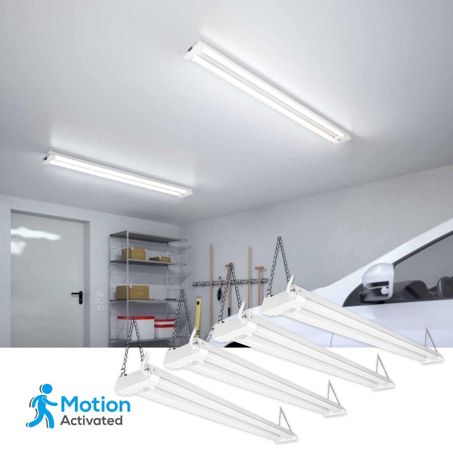 4 Pack Motion Sensor 4FT LED Utility Shop Light, 40W Plug in Linkable Light Fixtures, for Garage, Workshop, 4000lm, 5000K Daylight, Suspension & Flush Mount, FCC, ETL Certified