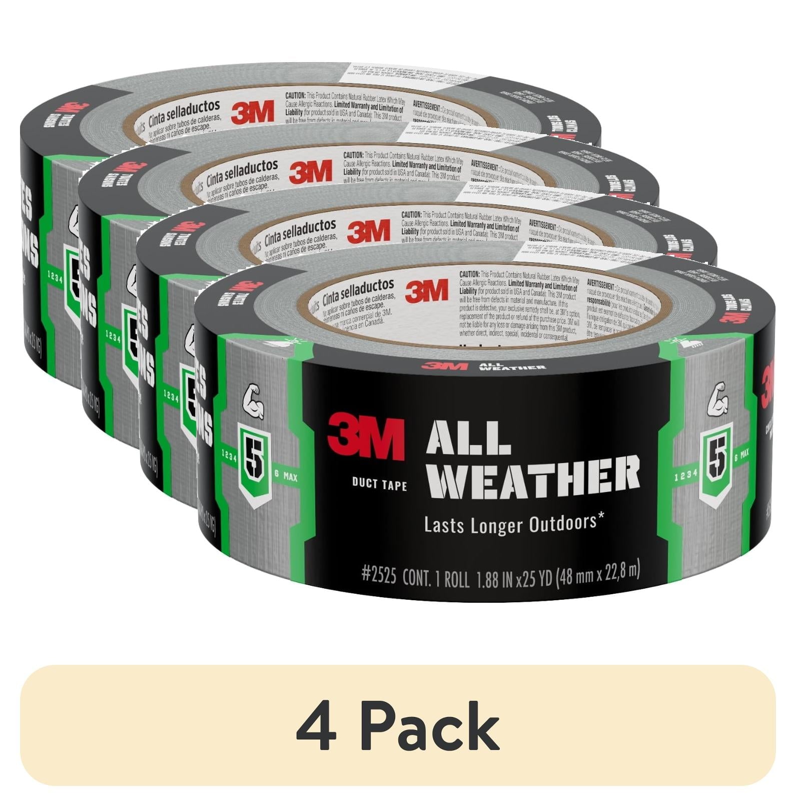 (4 pack) 3M All Weather Duct Tape, Black, Lasts Longer Outdoors, 1.88 in. x 25 yd., 1 Roll