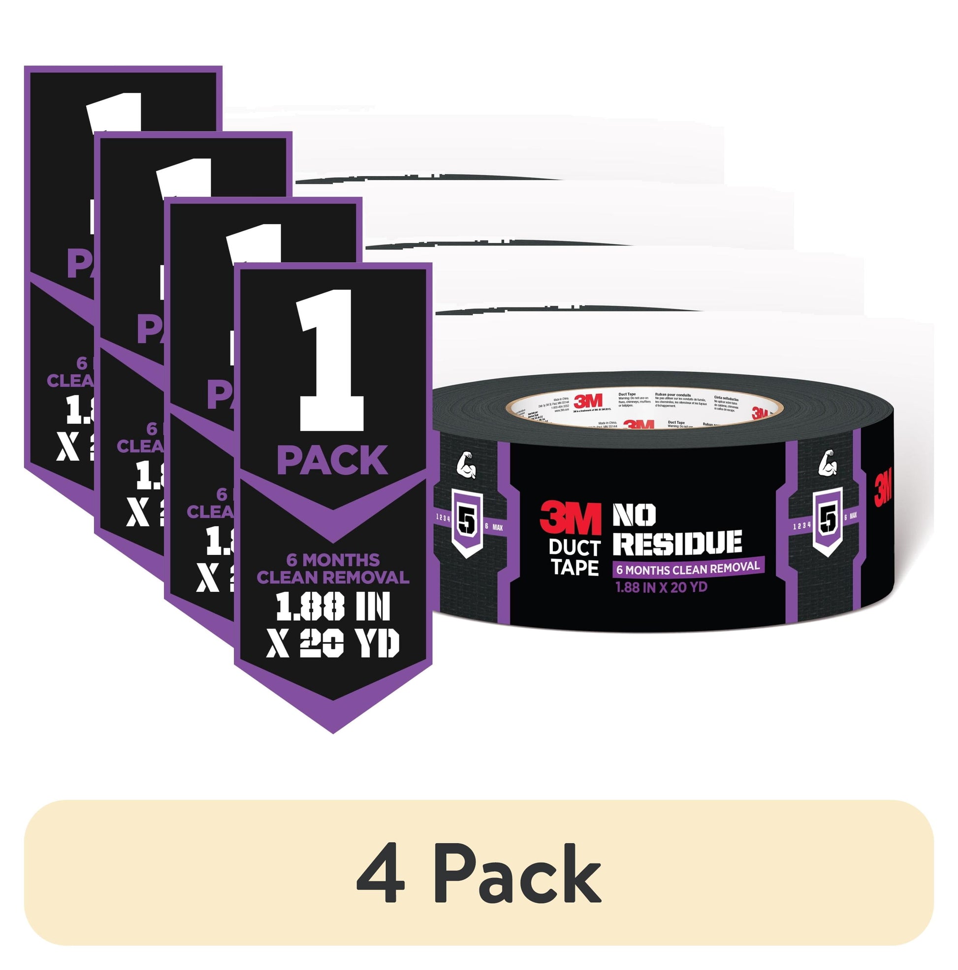 (4 pack) 3M No Residue Duct Tape, Silver, Removes Clean Up To 6 Months, 1.88 in. x 20 yd., 1 Roll