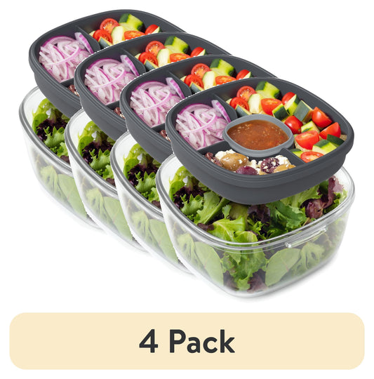 (4 pack) Bentgo All-in-One Glass Salad Container 5-Compartment Dark Gray 61 oz or 7.6Cups. (BGLASSAL-DG), Designed to Help with Packed Lunches and Daily Commutes