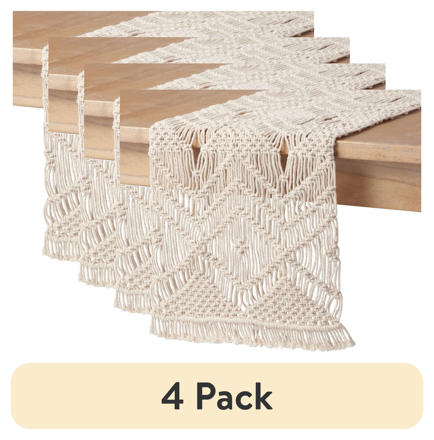 (4 pack) Better Homes & Gardens Macrame 90"x14" Machine Washable Natural 100% Cotton Table Runner