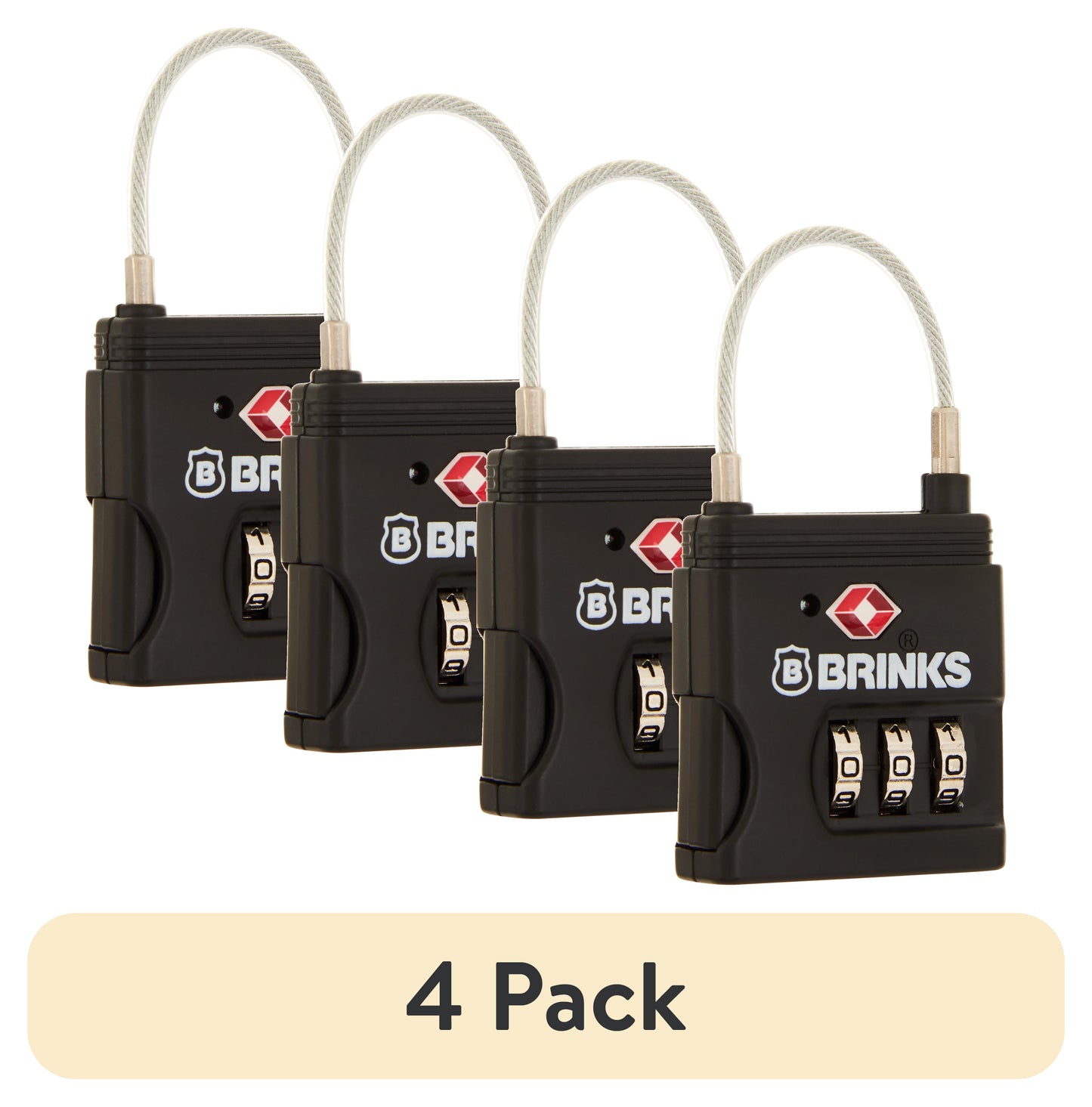 (4 pack) Brinks 37mm Die-Cast TSA Combination Luggage Padlock with 1-1/4in Flexible Braided Steel Cable Shackle