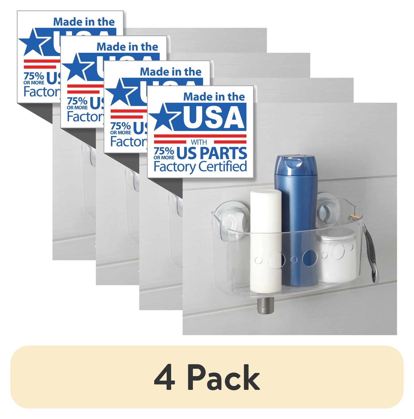 (4 pack) Clear Large Suction Shower Storage Basket, 1 Shelf, Plastic, No Tools, Mainstays Power Grip Suction