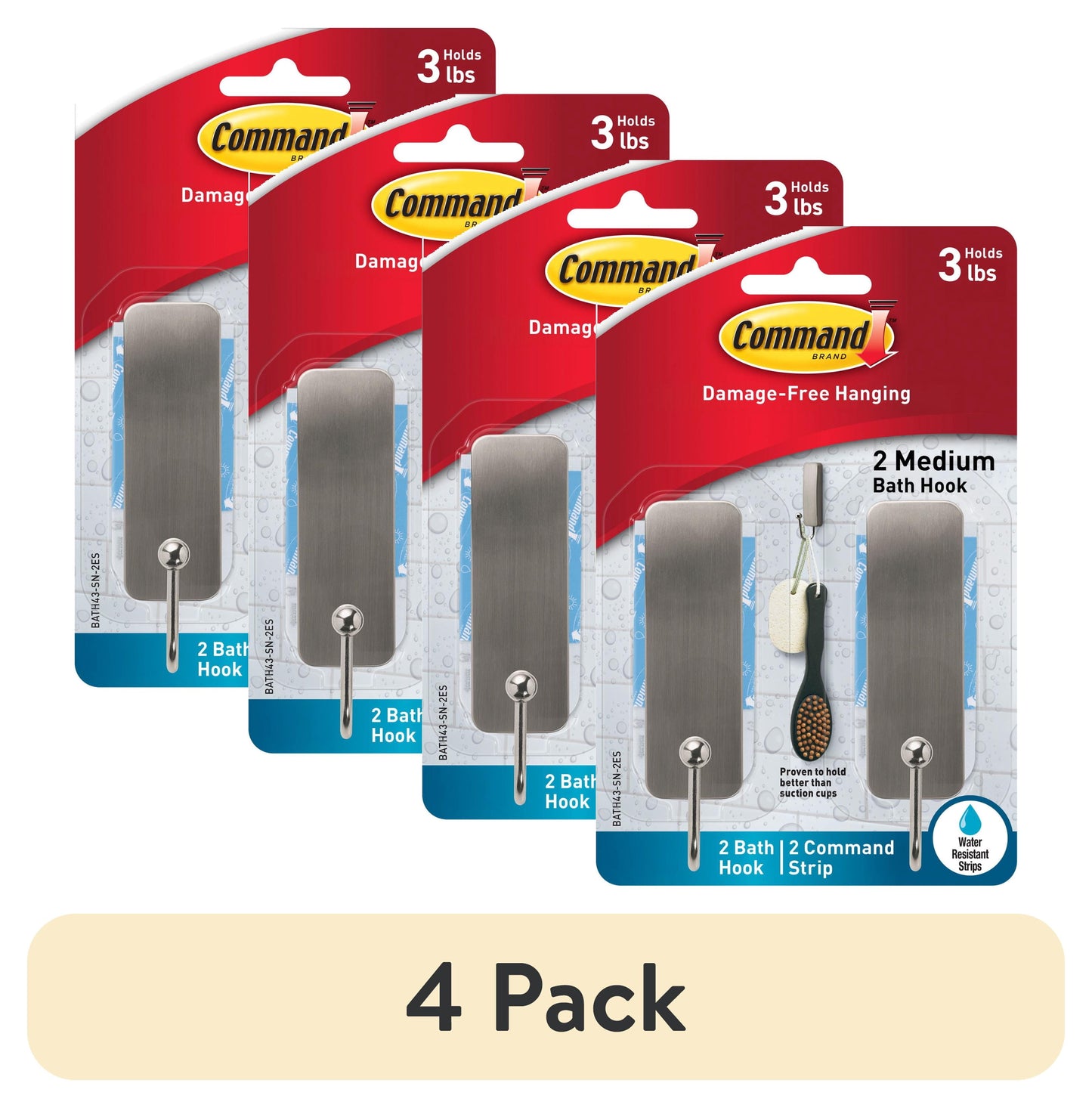 (4 pack) Command Bath Medium Hooks, Satin Nickel, 2 Wall Hooks, 4 Water Resistant Strips, Bath Organization