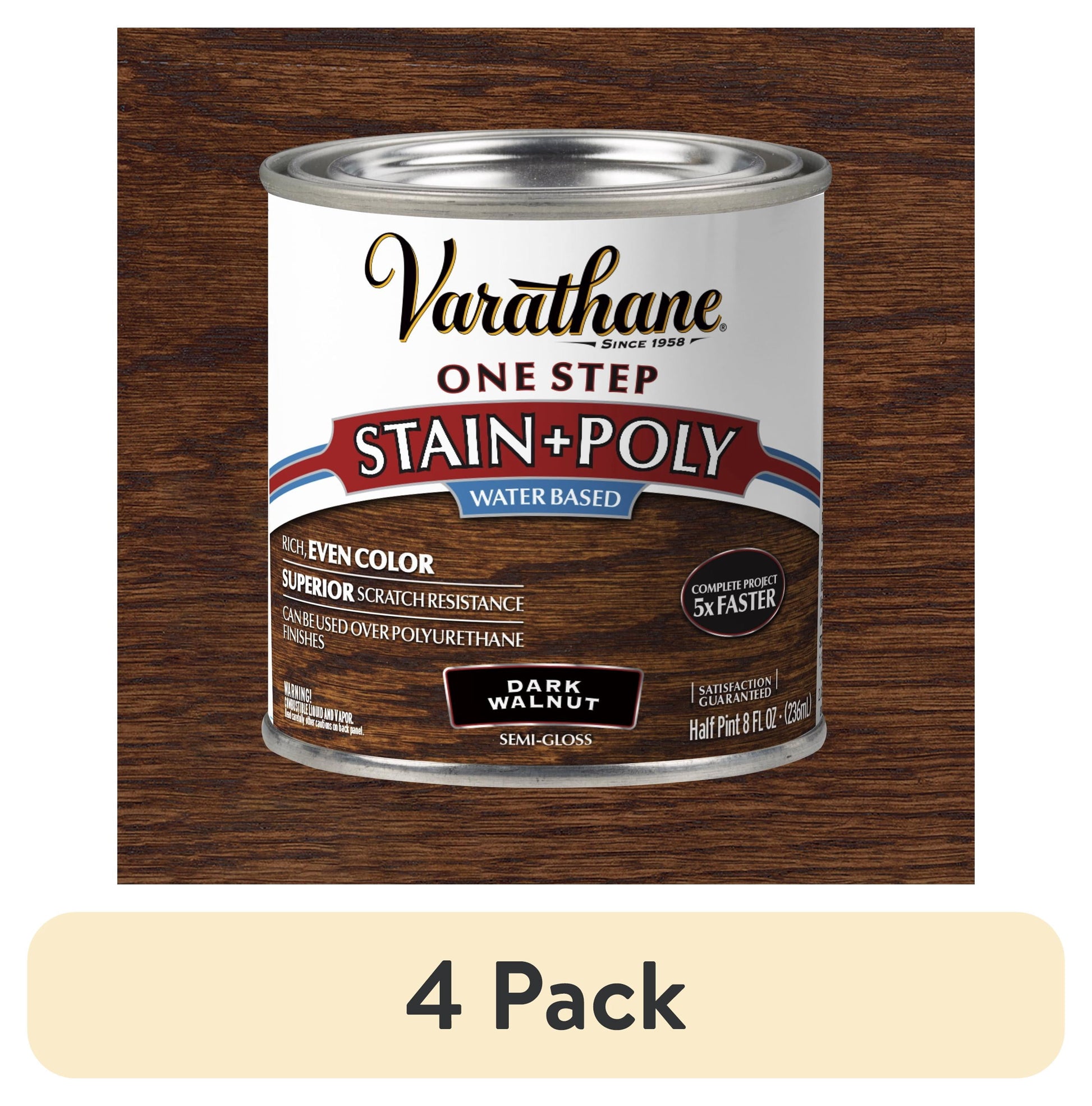 (4 pack) Dark Walnut, Varathane One Step Interior Wood Stain + Polyurethane, Semi-Gloss -384360, Half Pint