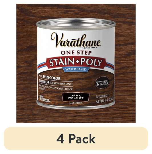 (4 pack) Dark Walnut, Varathane One Step Interior Wood Stain + Polyurethane, Semi-Gloss -384360, Half Pint