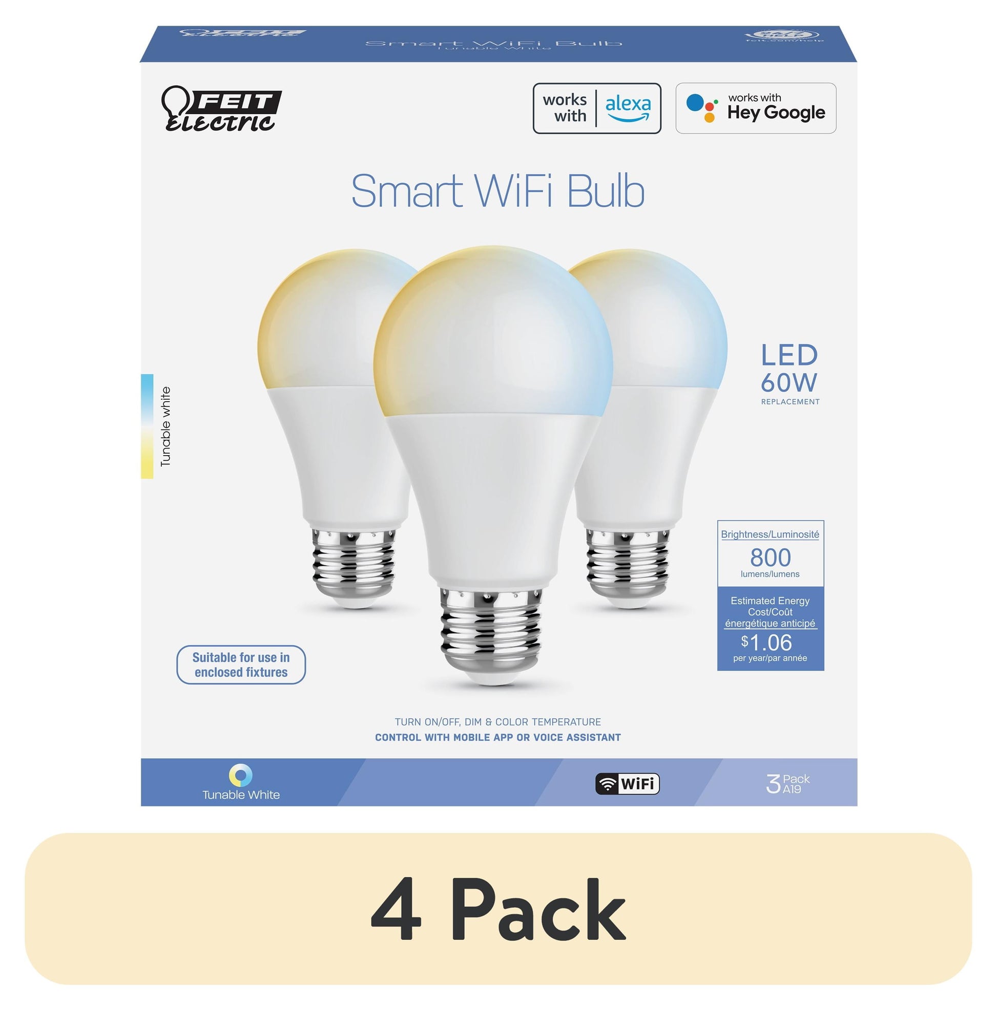 (Paquete de 4) Bombilla LED Inteligente WiFi A19 con Base E26 Blanca Ajustable de 8.8W (Reemplazo de 60W) Feit Electric (Paquete de 3)