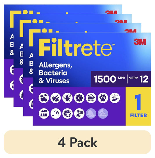 (4 pack) Filtrete 12x20x1 HVAC Furnace Air Filter, MPR 1500 MERV 12, Allergens, Bacteria & Viruses, 1 Filter