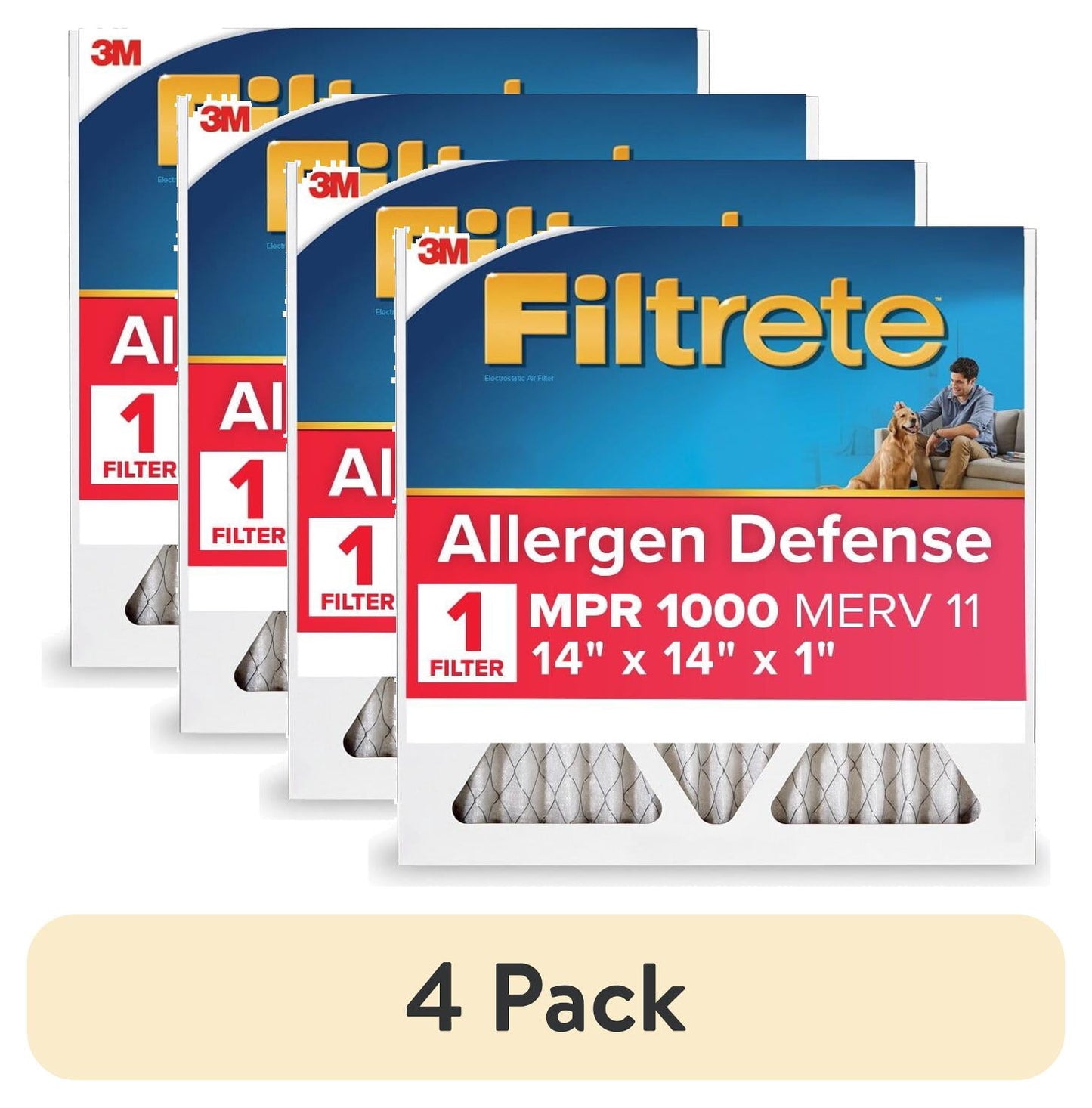(4 pack) Filtrete 14x14x1 HVAC Furnace Air Filter, MPR 1000 MERV 11, Allergen Defense, 1 Filter
