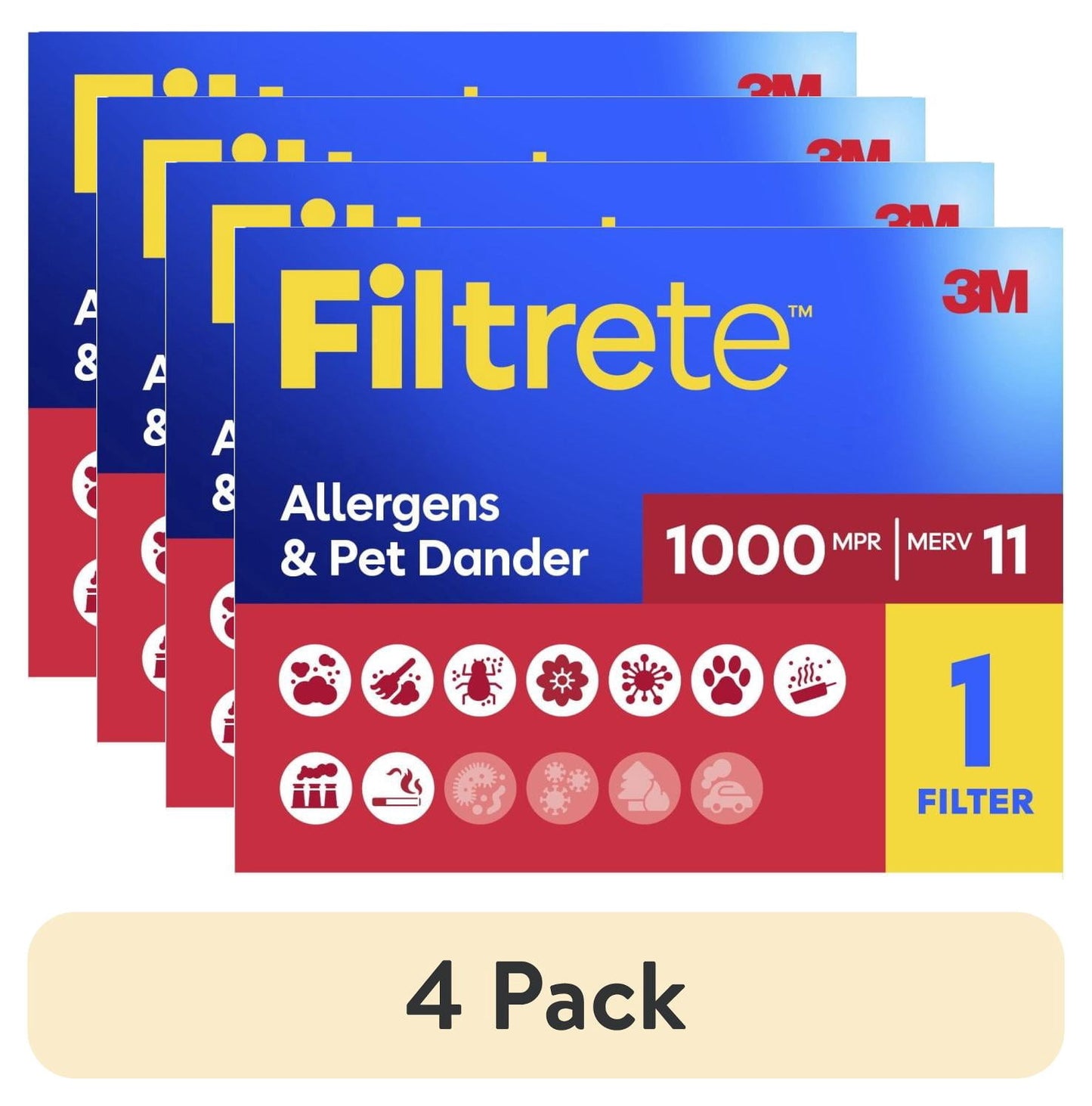 (4 pack) Filtrete 14x24x1 HVAC Furnace Air Filter, MPR 1000 MERV 11, Allergens & Pet Dander, 1 Filter