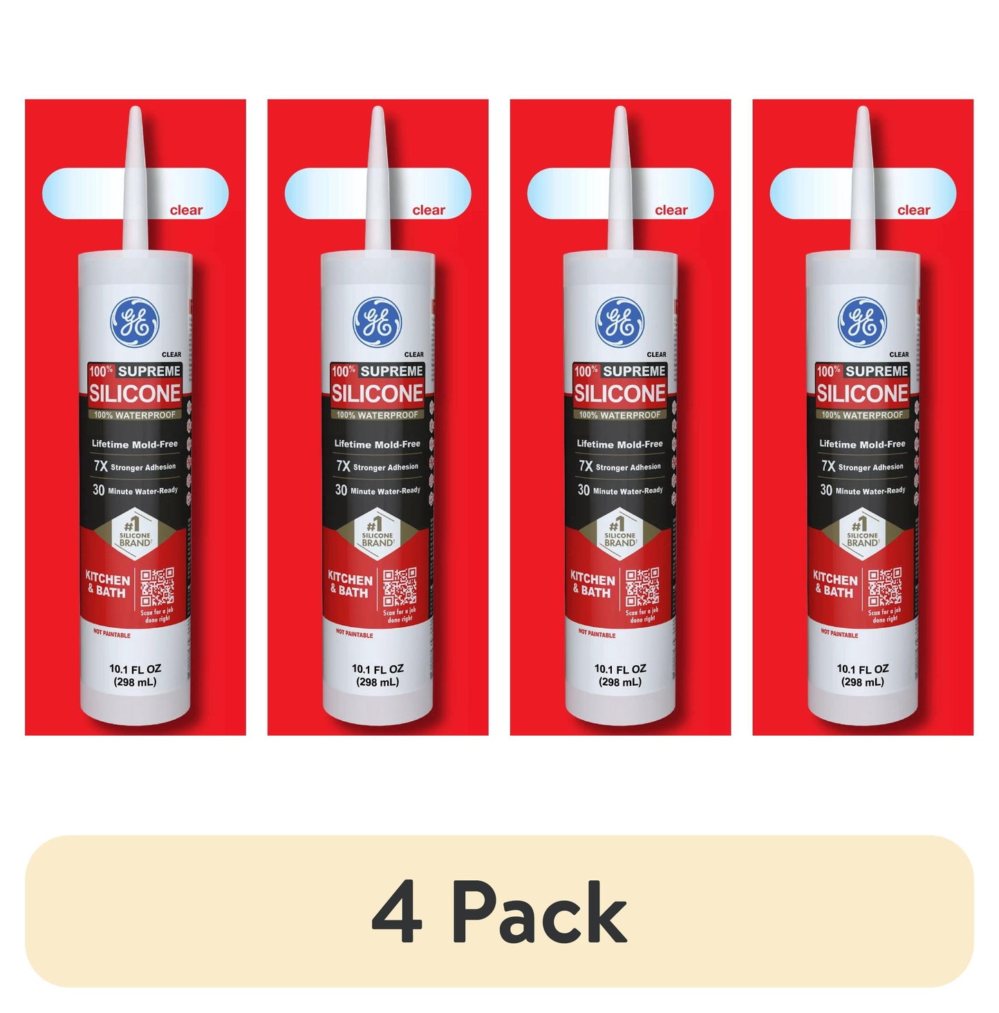 (4 pack) GE Supreme Silicone Kitchen & Bath Sealant, Pack of 1, Clear 10.1 fl oz Cartridge