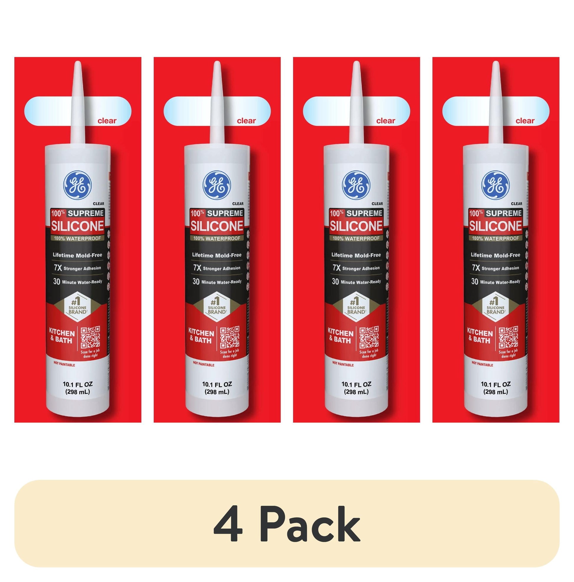 (4 pack) GE Supreme Silicone Kitchen & Bath Sealant, Pack of 1, Clear 10.1 fl oz Cartridge