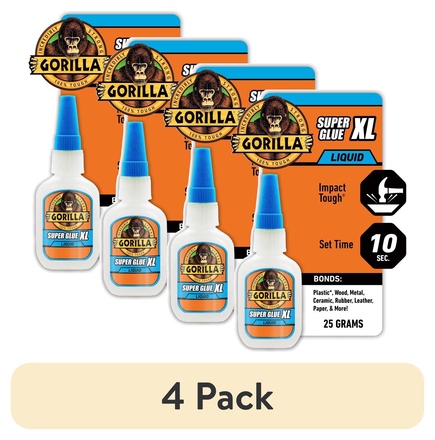 (4 pack) Gorilla Clear Super Glue XL, 25 Gram Bottle, Pack of 1