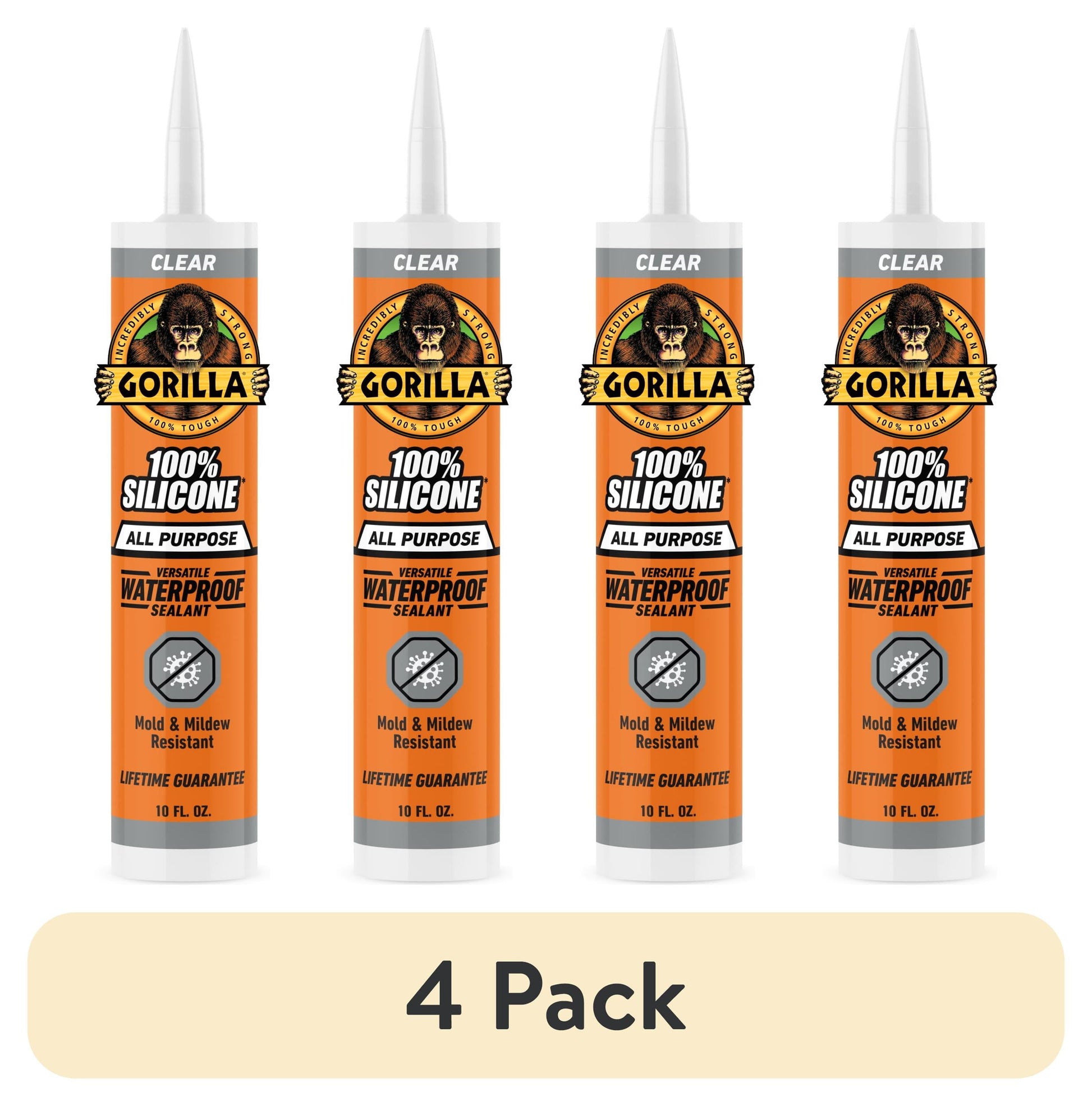 (4 pack) Gorilla Waterproof Caulk & Seal Silicone Sealant, 10oz Cartridge - Clear Caulking Sealant for Kitchen, Window, Bath, Marine, Door and More