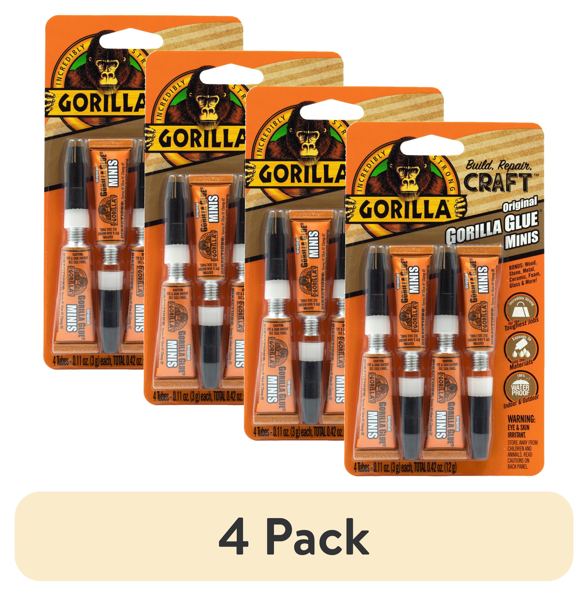 (4 pack) Gorilla Glue Pegamento de Poliuretano MarrÃ³n Original 3g (.11 Onzas) Tubos Mini, 4 pack