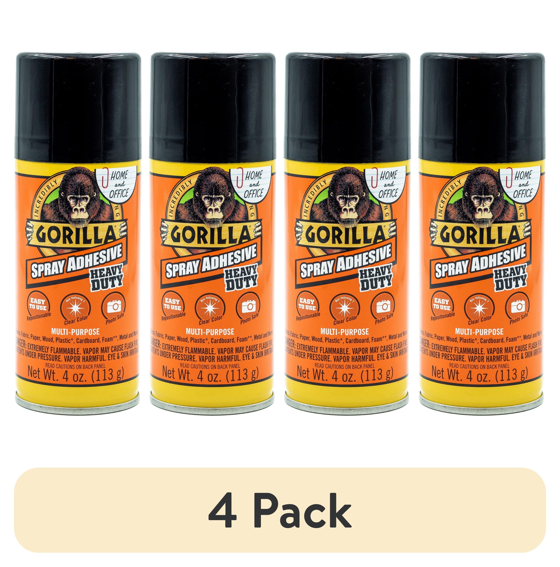(4 pack) Gorilla Heavy Duty, Clear Spray Adhesive, 4 Ounce Can