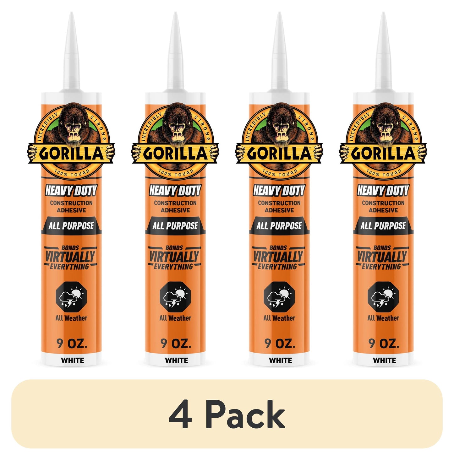 (4 pack) Gorilla Heavy Duty White Construction Adhesive, 9 oz Cartridge