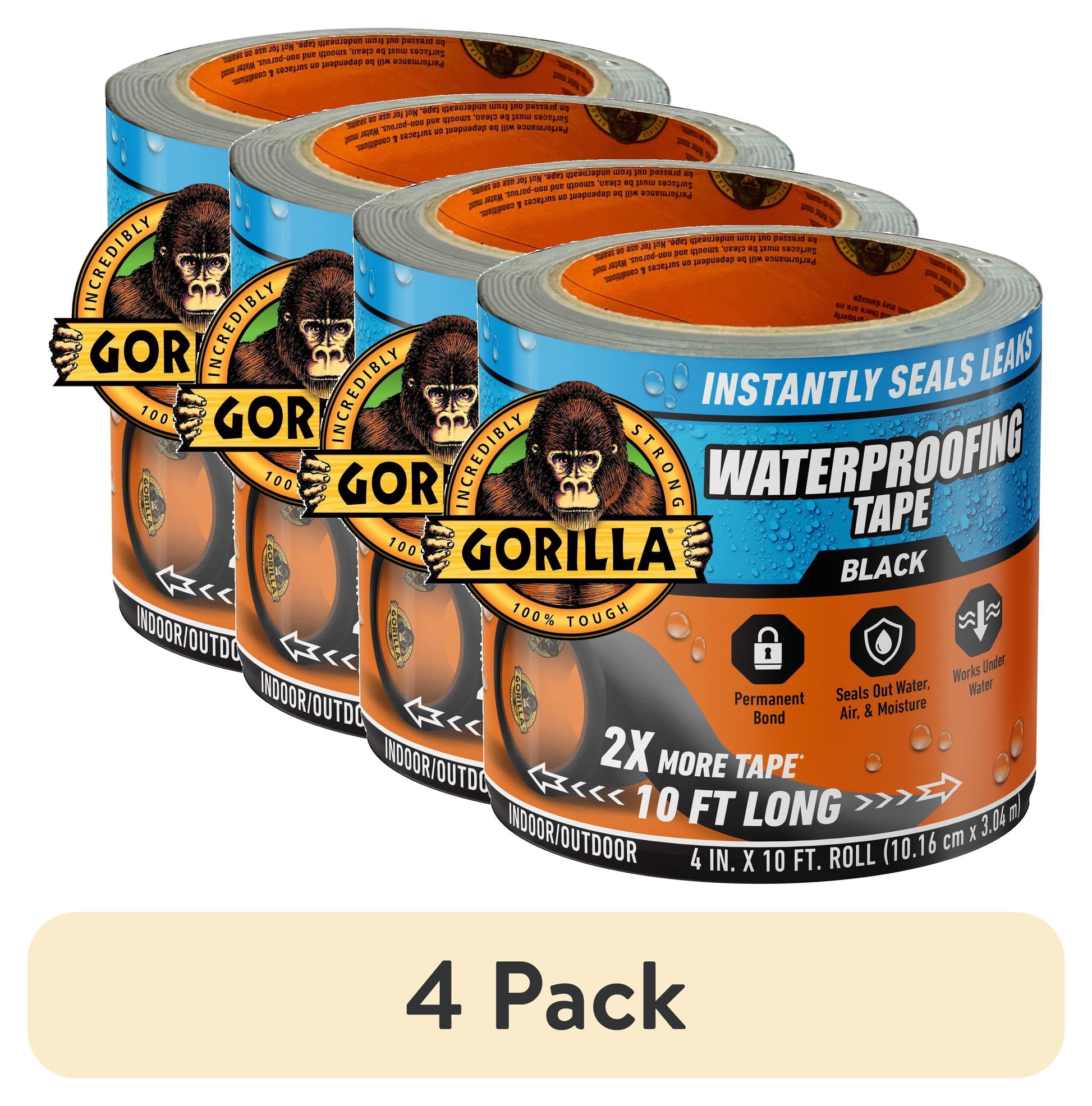 (4 pack) Gorilla Waterproof Patch & Seal Black Tape 4 inch x 10 Foot Roll