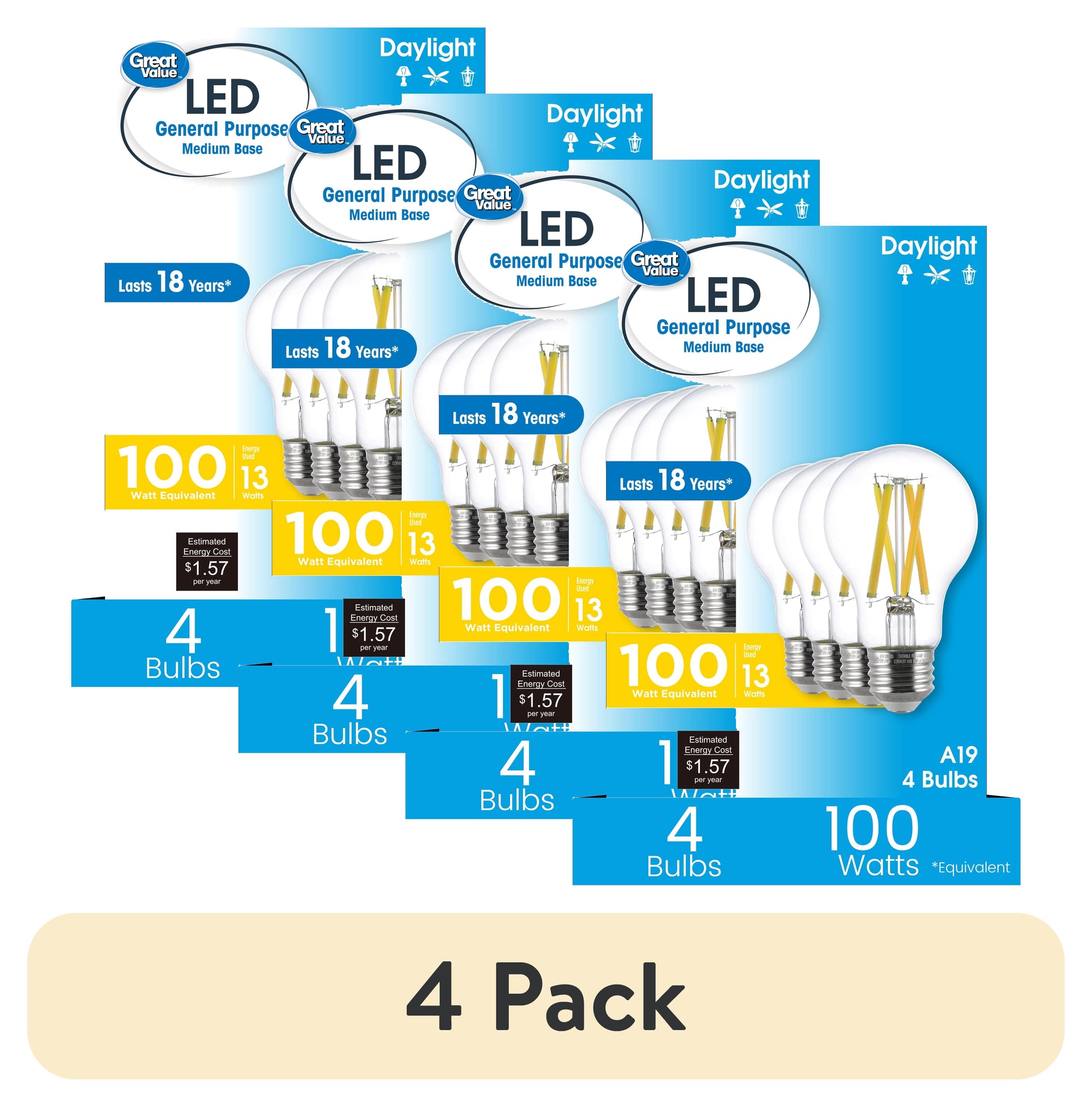 (4 pack) Great Value 18YR A19 LED Light Bulb, 13W (100W Equivalent) Dimmable Daylight E26 Medium Base (4 Pack)
