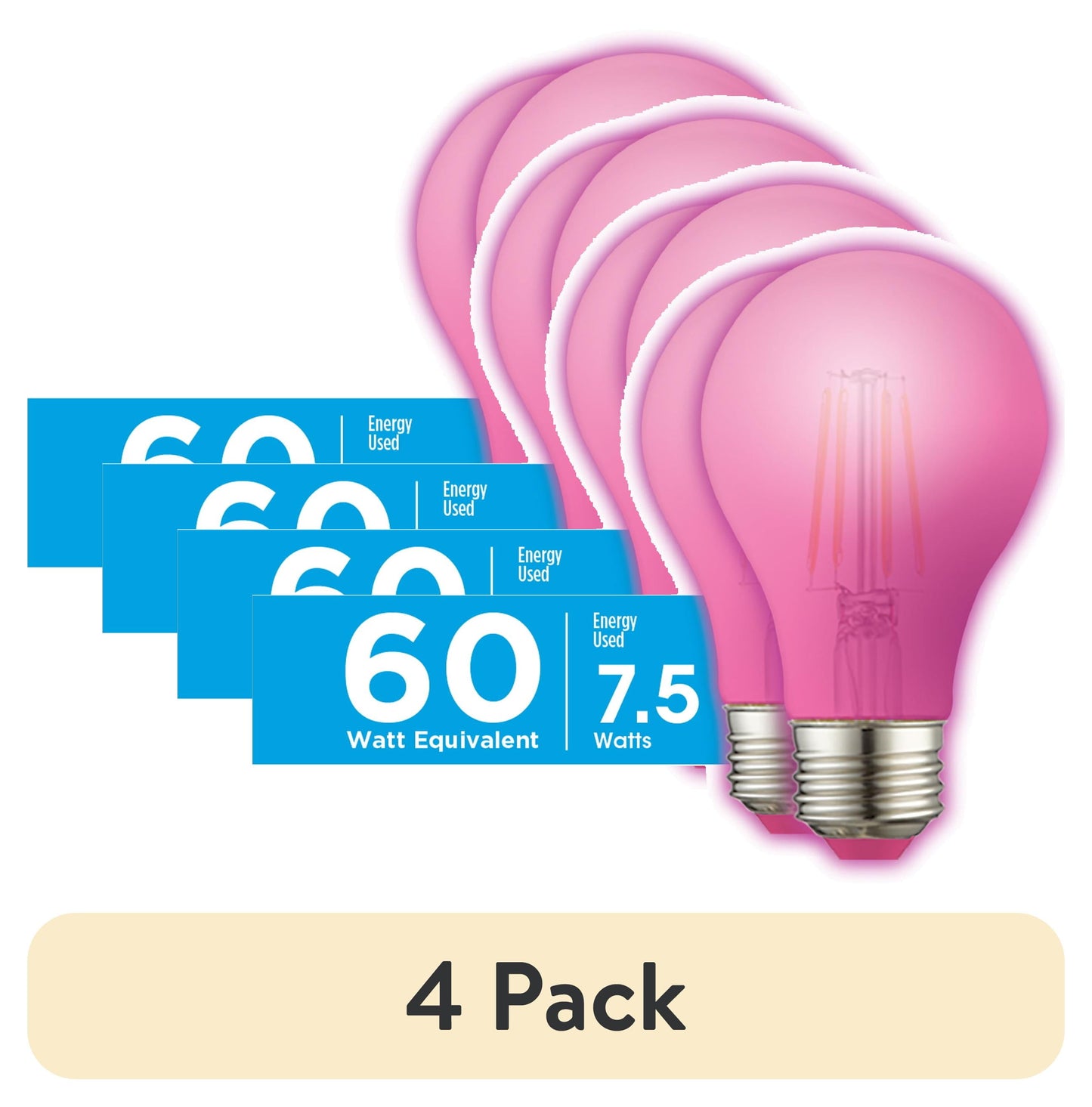 (4 pack) Great Value A19 LED 7.5W (60W Equivalent) E26 Medium Base Pink Light Bulbs, 2 Pack