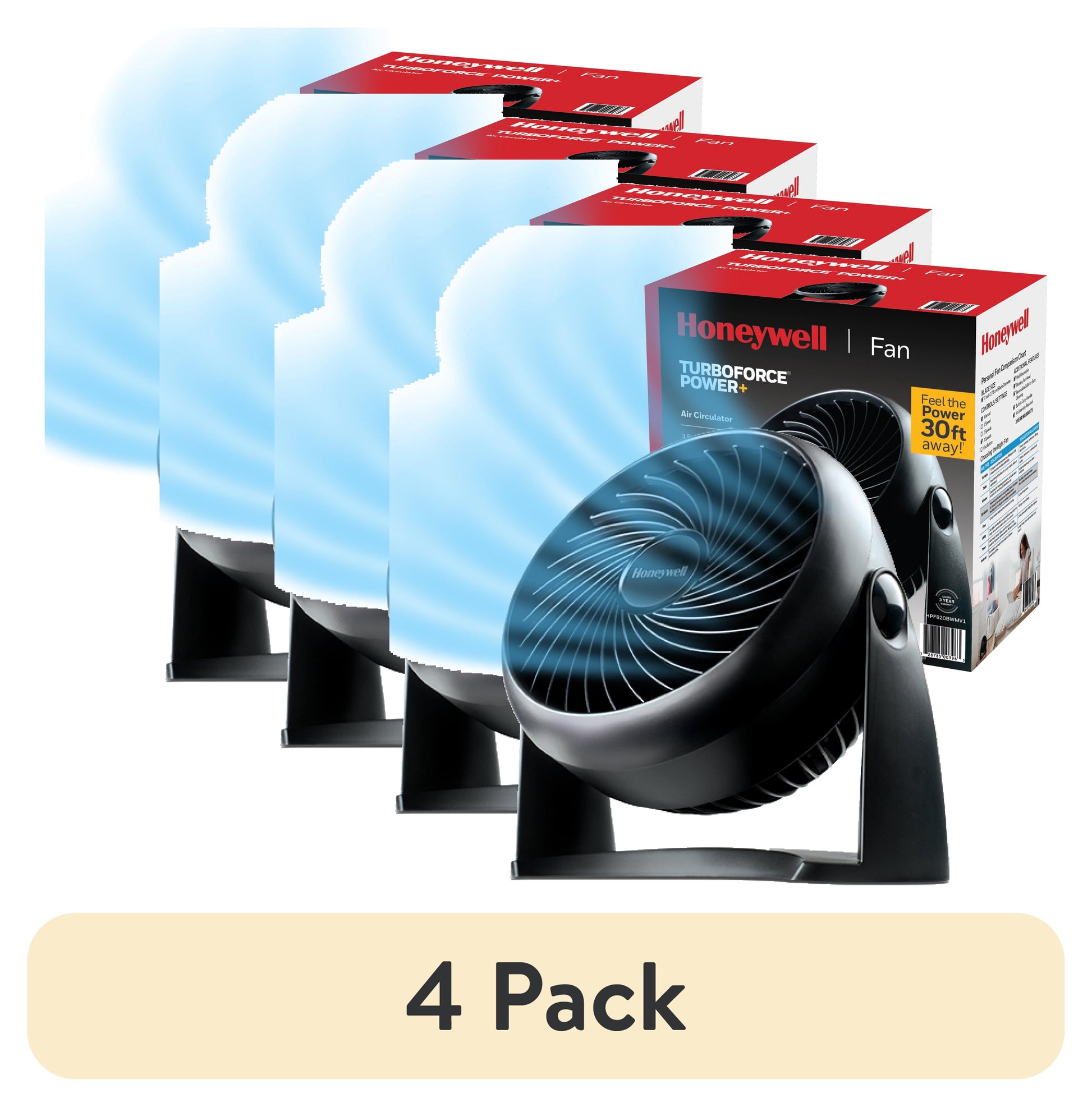 (4 pack) Honeywell Ventilador de Mesa PequeÃ±o de 10â€ Turbo Force Power, Potencia de CirculaciÃ³n de Aire de 30 Ft., Funcionamiento Silencioso, 3 Velocidades, Pivote de 90Â°, Montable en Pared, Negro, HPF820BWM