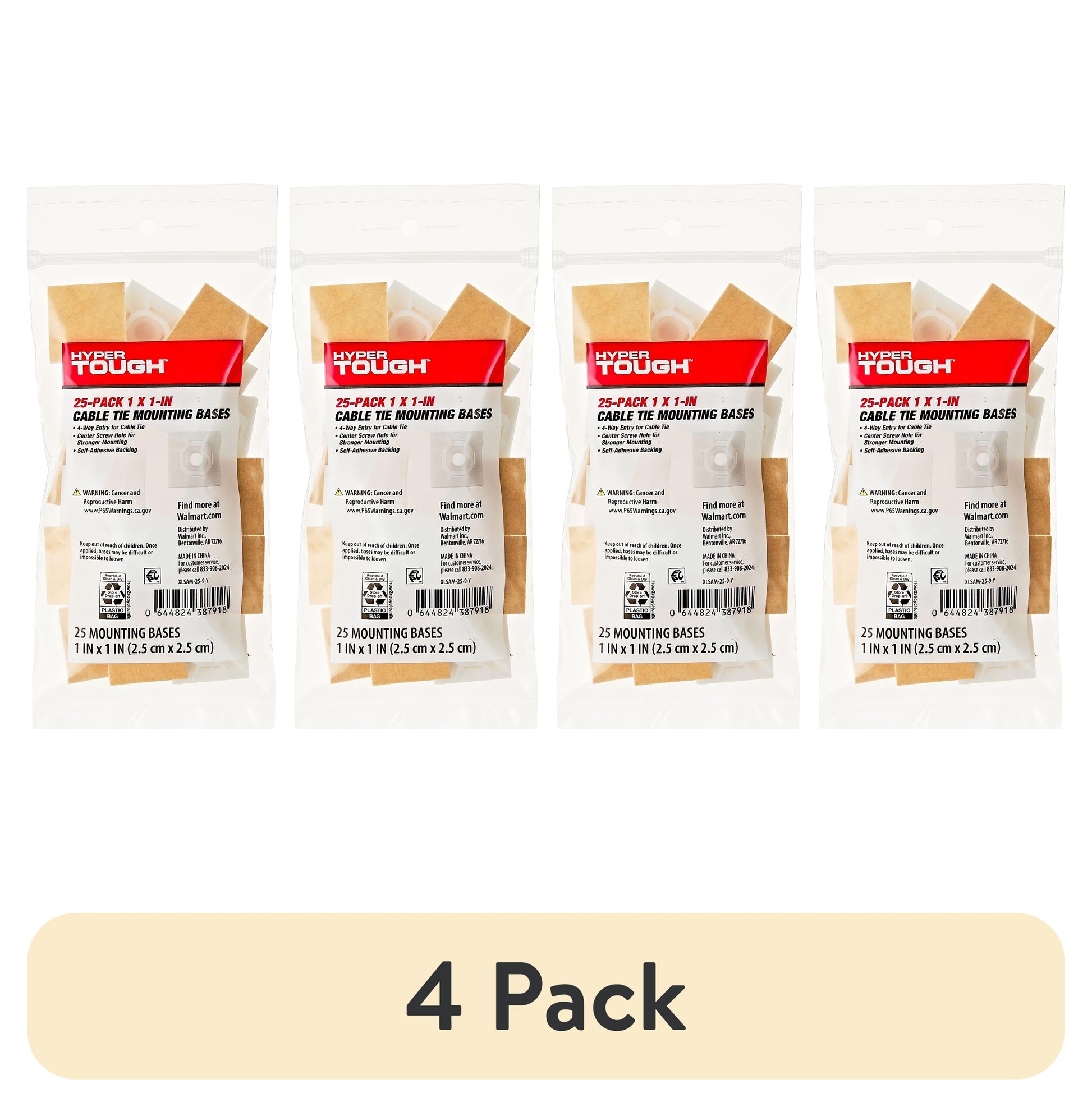 (4 pack) Hyper Tough 1" x 1" Cable Tie Mounting Bases, Natural, 25 Count